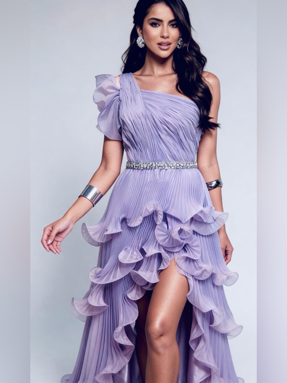 MAC DUGGAL 49696 
Lilac beaded waist pleated ruffle tiered prom dream gown Sz 2